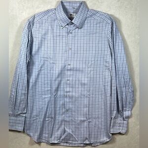 Ermenegildo Zegna 44 | 17.5 Blue Gray Windowpane Small Check Button Collar Shirt